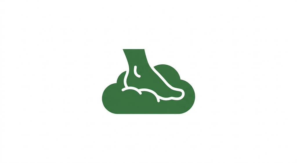 Dunkelgrünes Icon eines Fußes, der sanft in eine Wolke einsinkt – Symbol für den extrem weichen und sicheren Auftritt in bendys Schuhen.